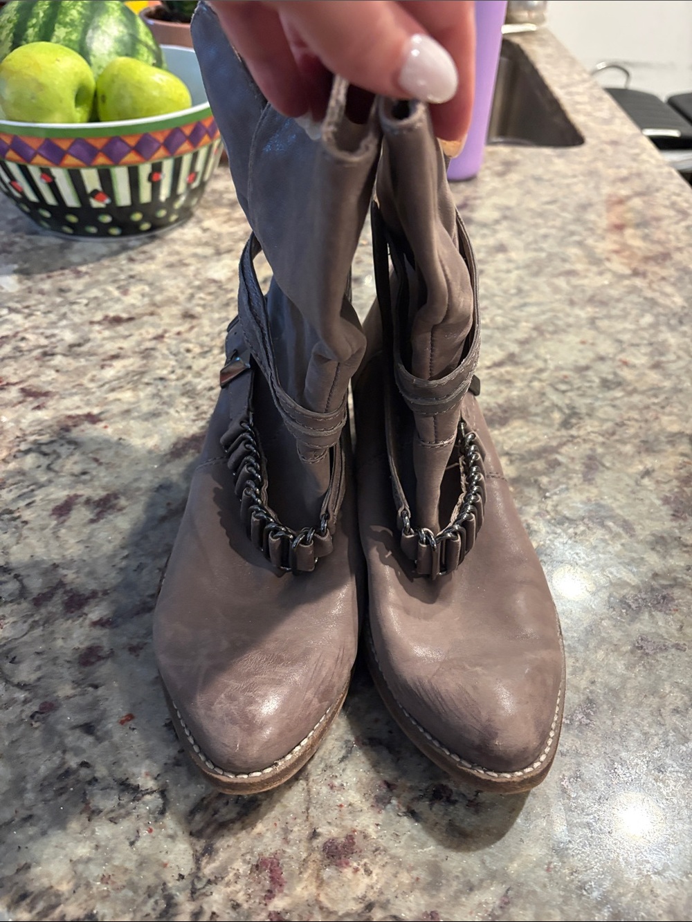 RACHEL Rachel Roy Taupe Ankle Boots with Chain Accent